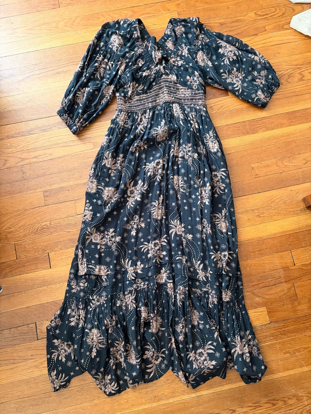 Free People Dark Maxi Dress with Beige Floral Motif